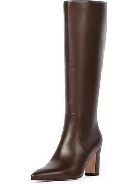 Women's Dark Brown Chunky Heel Inch 3 Pointed Toe Side Zipper Knee High Boots